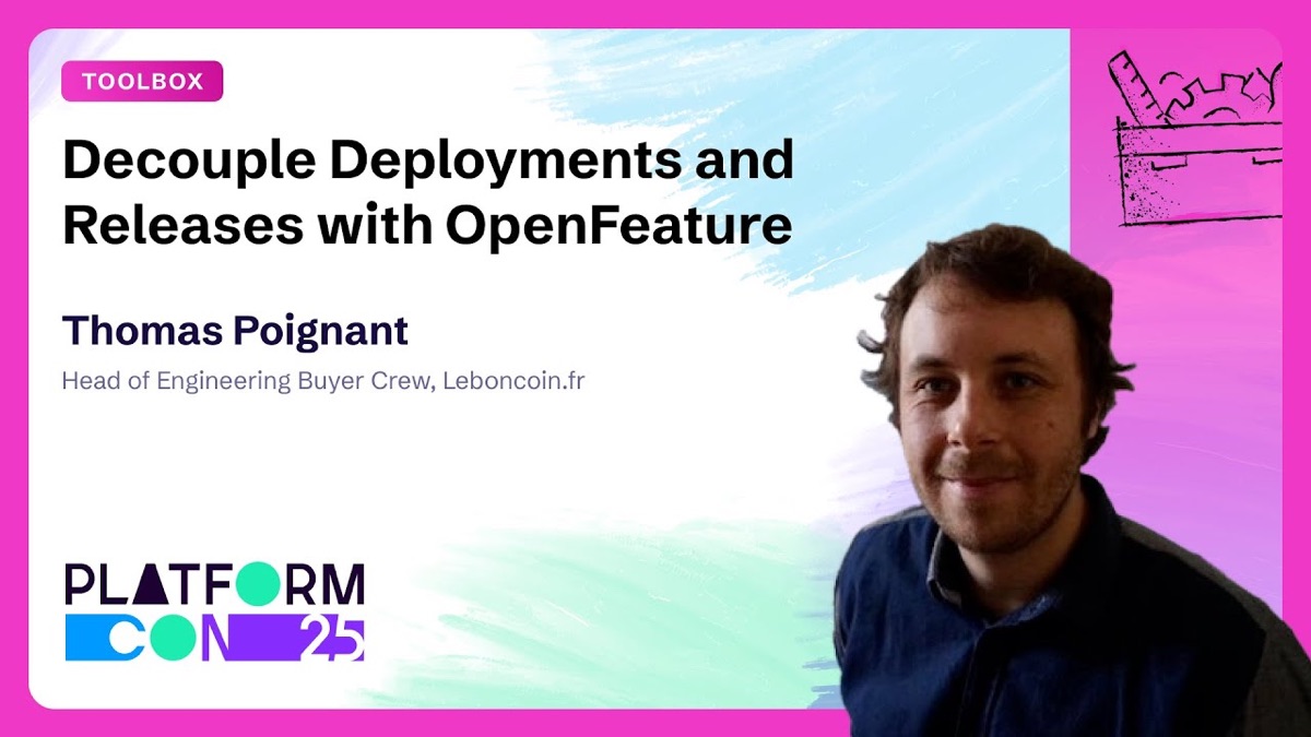 PlatformCon 2025 speaker card for the "Decouple Deployments and Releases with OpenFeature" talk, with a photo of Thomas Poignant