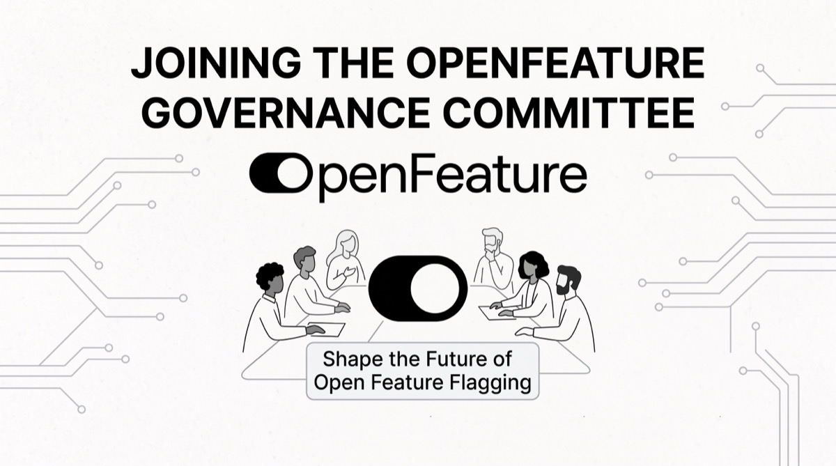 Line drawing of people seated around a table with the OpenFeature logo, captioned "Shape the Future of Open Feature Flagging"