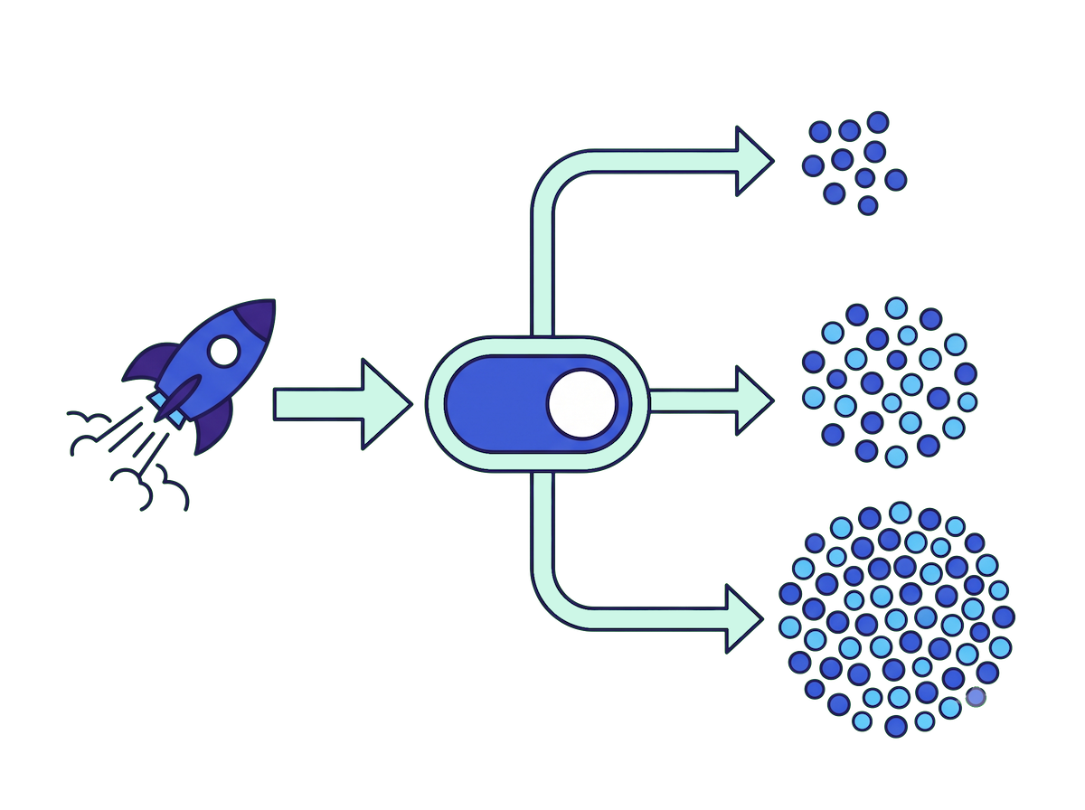 Deploying code and releasing a feature are separate steps: shipped code passes through a feature-flag toggle that rolls out to a growing share of users.