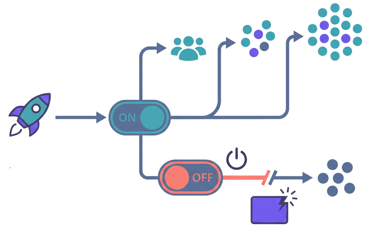 A kill switch turning a live feature off instantly, separating the moment code is deployed from the moment a feature is released.