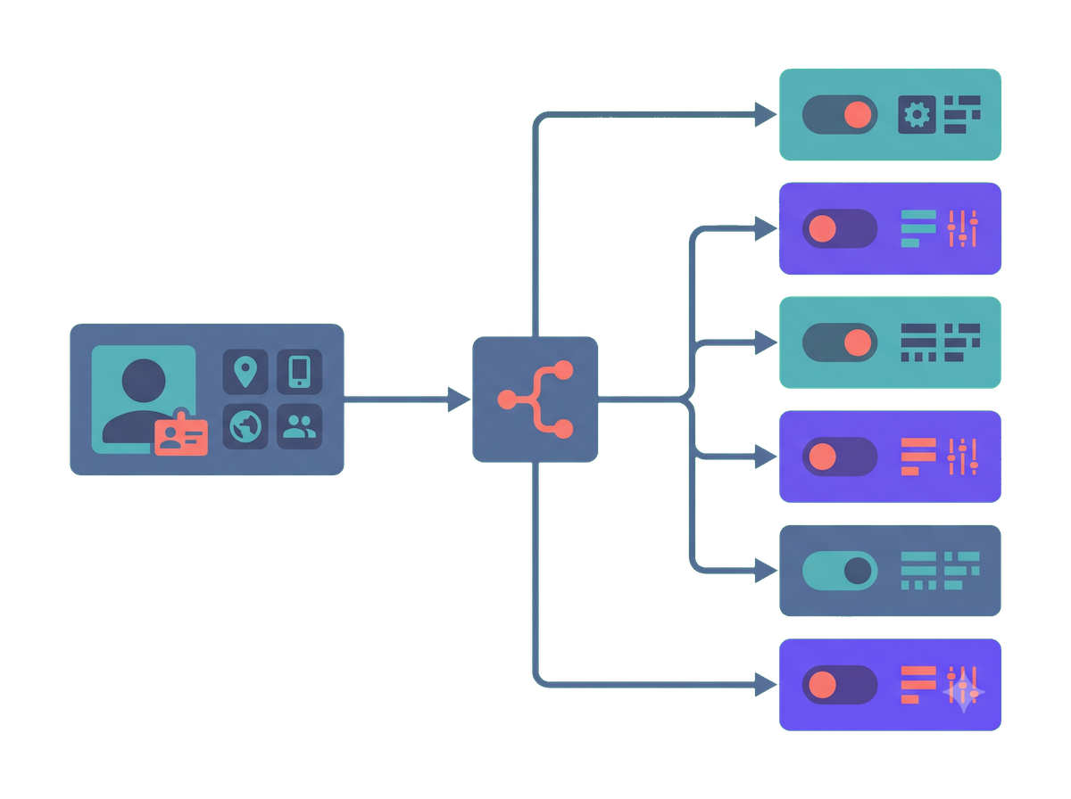 A honeycomb of feature flag use cases: a toggle switch, A/B testing, a progressive rollout rocket, a kill switch, a safe-rollback shield, user targeting, and branching.